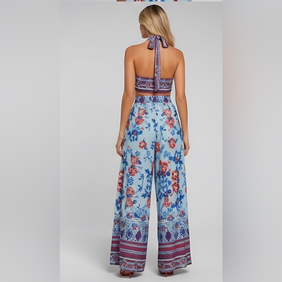 Boho Floral Print Ruched Bust Tie Backless Top & Split Thigh Belted Pant - Picture 5 of 10